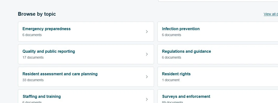Eight topic groups in the application, with document counts and links to browse each topic.