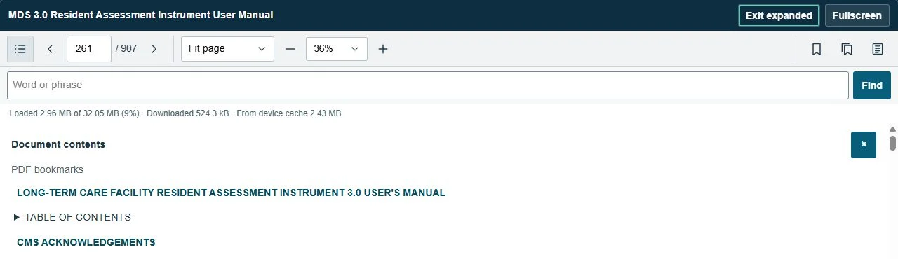 The Contents menu displaying the MDS manual’s built-in chapter and section bookmarks.