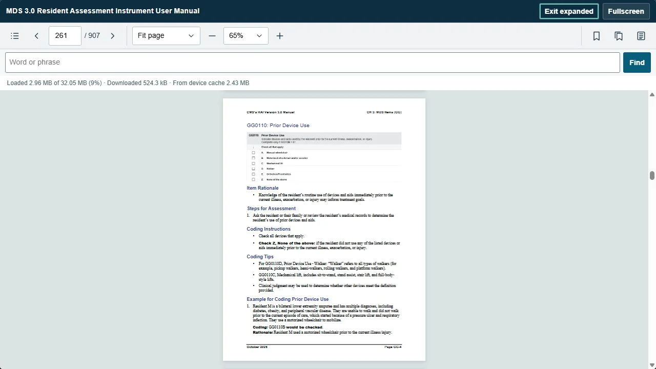 The MDS manual open in Regulatory Shelf with page navigation, fit controls and in-PDF search.